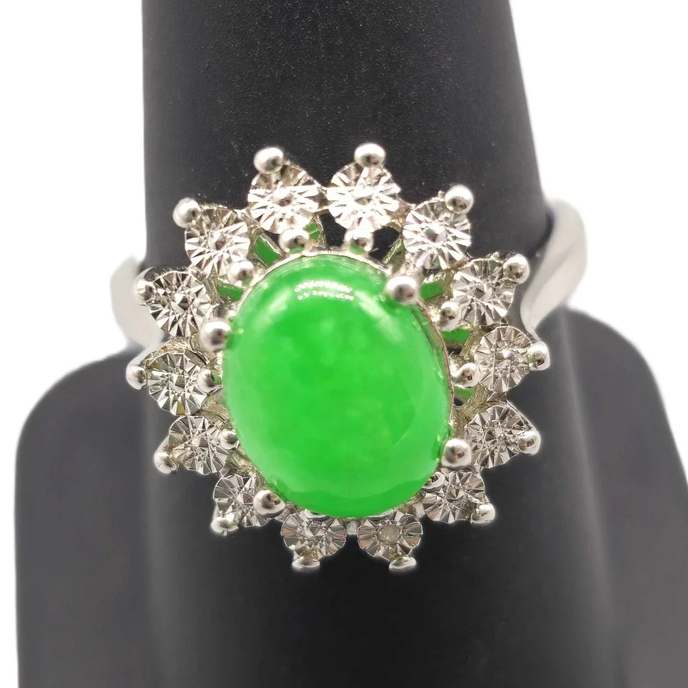 .925 SILVER DIAMOND & JADE RING SIZE 7.25 4.4G	(GNH022774)